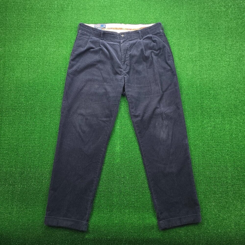 Polo Ralph Lauren Pants Mens 38x32 Navy‎ Blue Hammond Chino Pleated Corduroy
